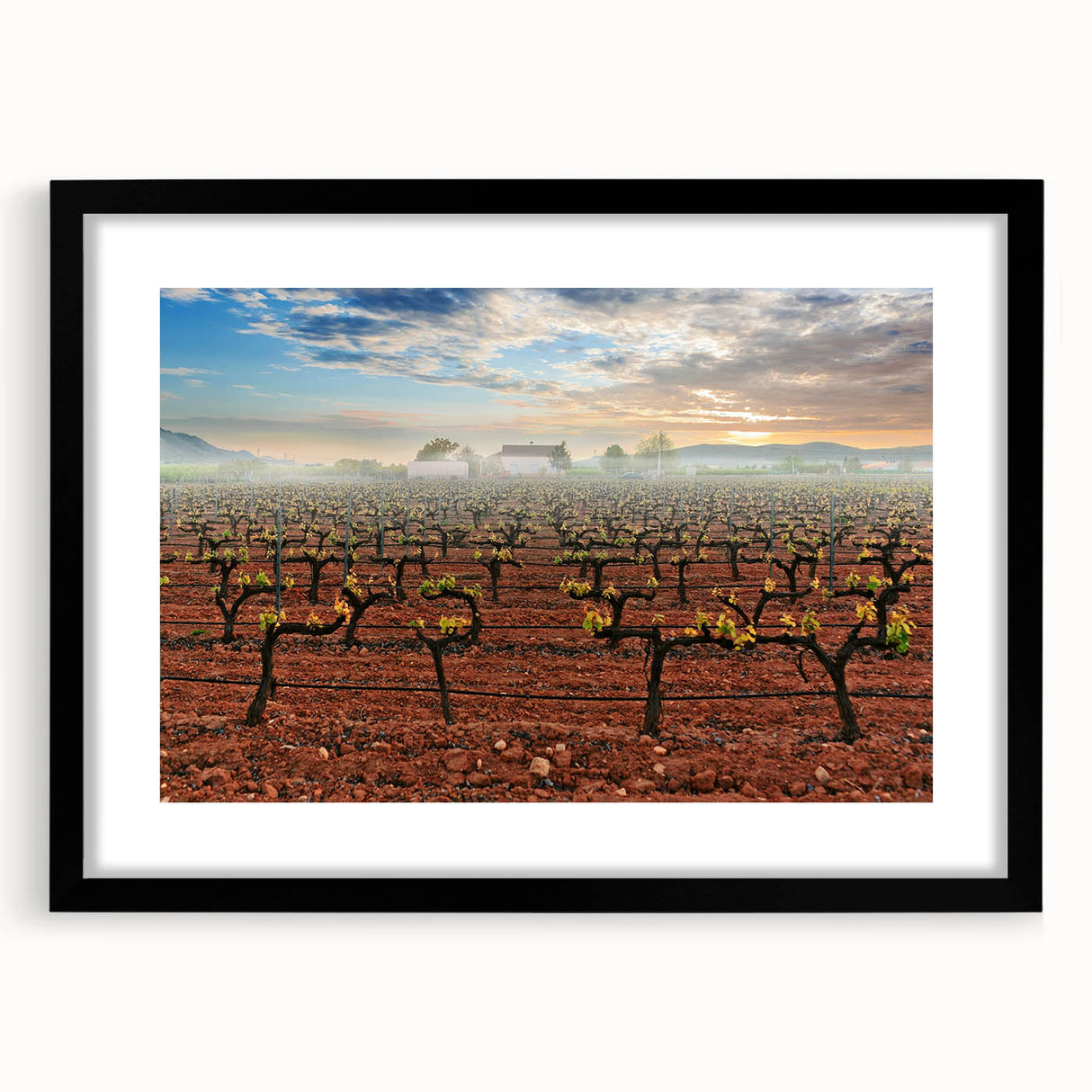 Extra large abstract art print of Valencia scenery in muted earth tones on a framed black mat, ideal for living room decor.