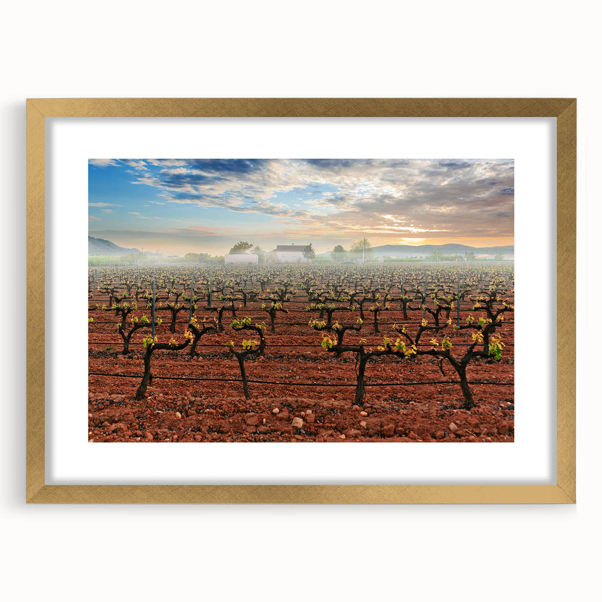 Extra large abstract art print of a colorful Valencia scenery, textured in style on a gold-framed canvas.