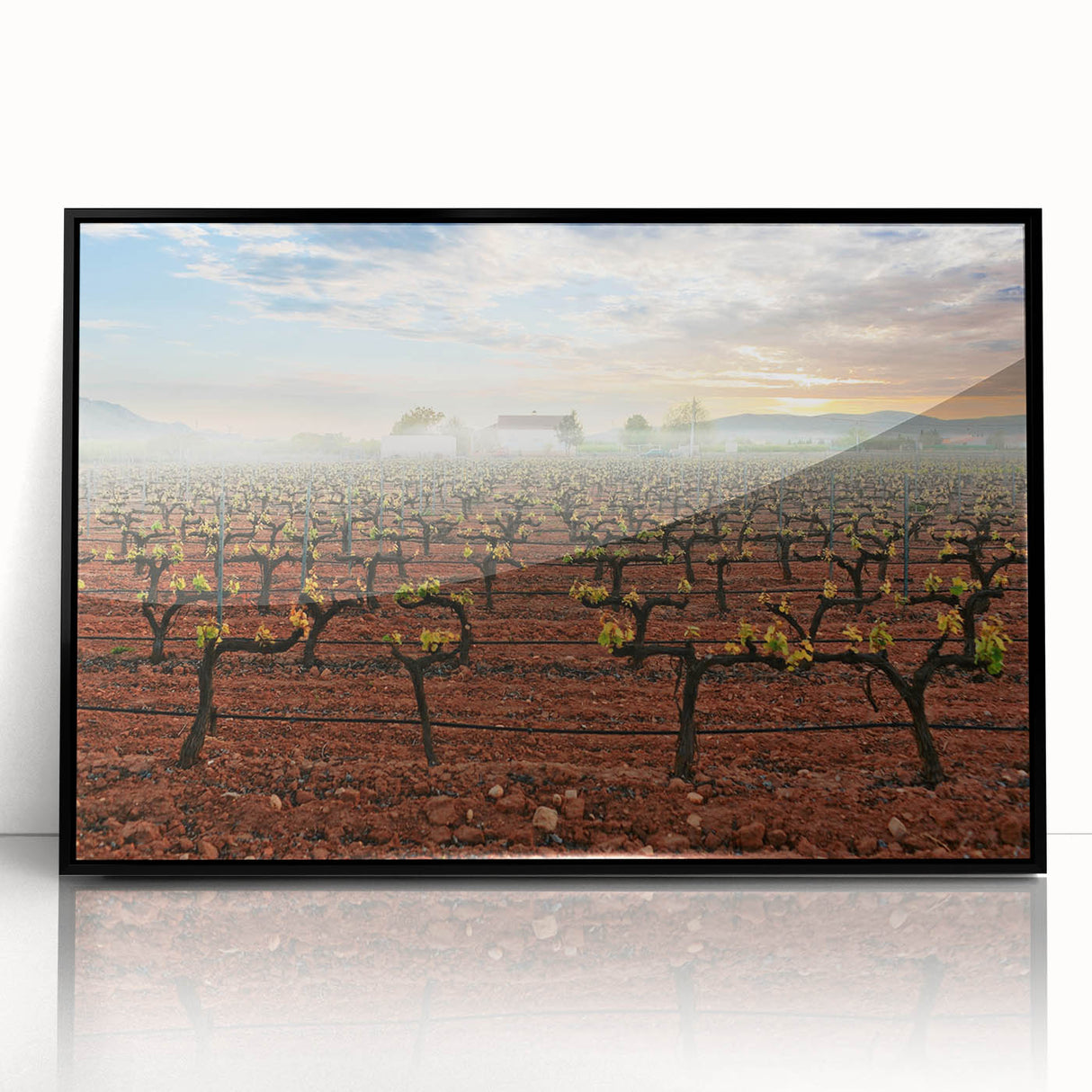 Large abstract wall art depicting a colorful Valencia scene in mid-century modernist style, framed in black acrylic.