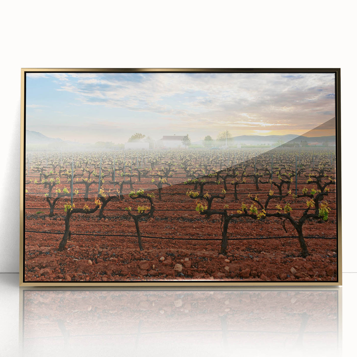 Acrylic print of a Valencia scenery in mid-century modernist style with gold frame, ideal for modern art wall decor.