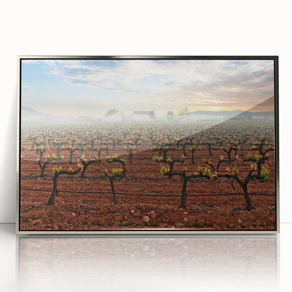 Mid-century modernist art depicting the Valencia skyline in muted pastel shades, framed in silver acrylic.