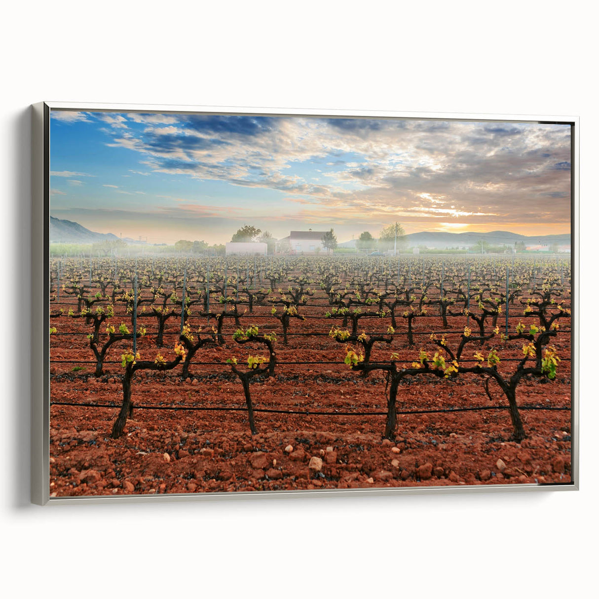 Landscape art painting of Valencia with colorful and black vintage poster art style on a silver-framed canvas.