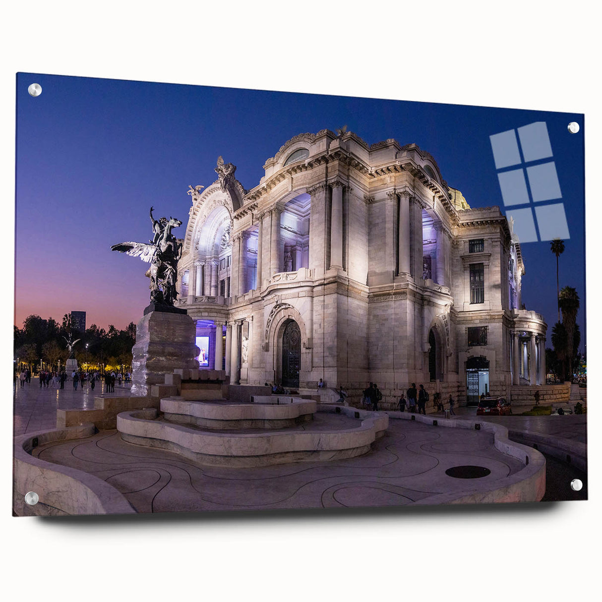 Large abstract wall art of Mexico City skyline in muted orange and blue hues on acrylic glass.