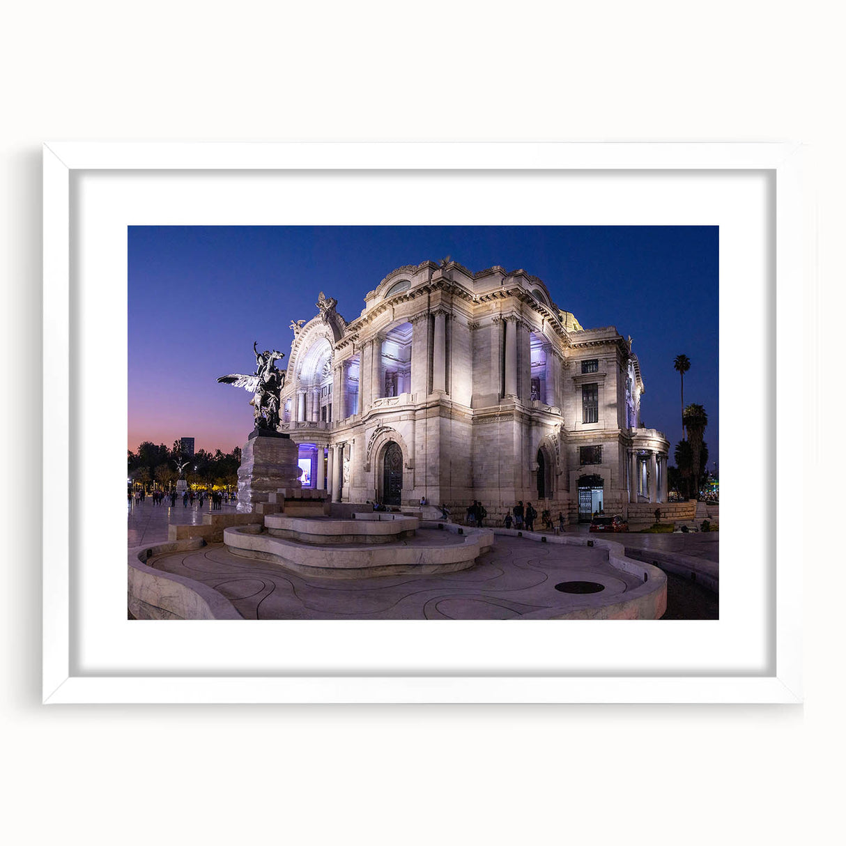 Abstract art print of Mexico City in muted gray and blue tones on a framed white mat, ideal for dining room decor.