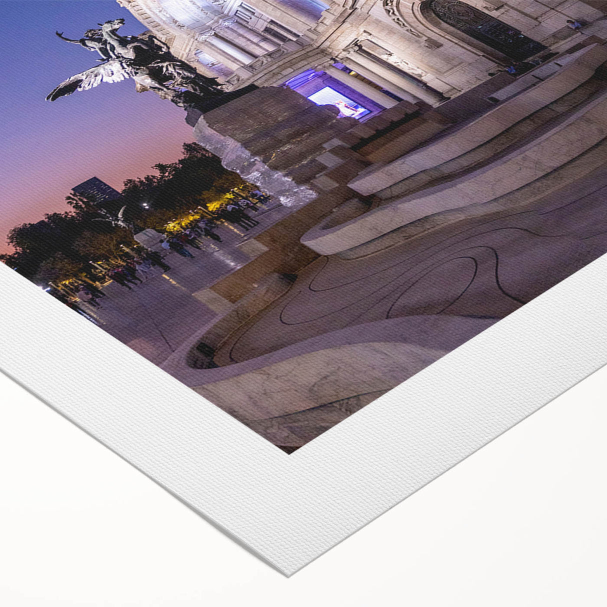 Art deco poster of Mexico City skyline in muted gray and blue tones on rolled canvas, ideal for dining room wall art.