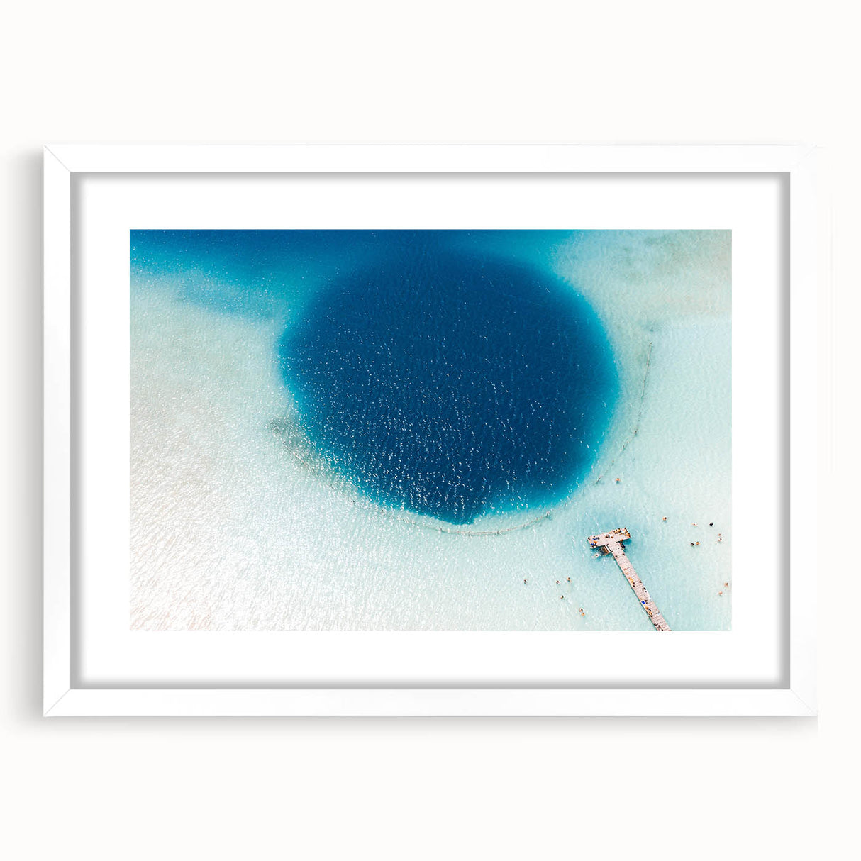 Abstract art print of Quintana Roo scenery in muted blue and green tones, framed with white mat.