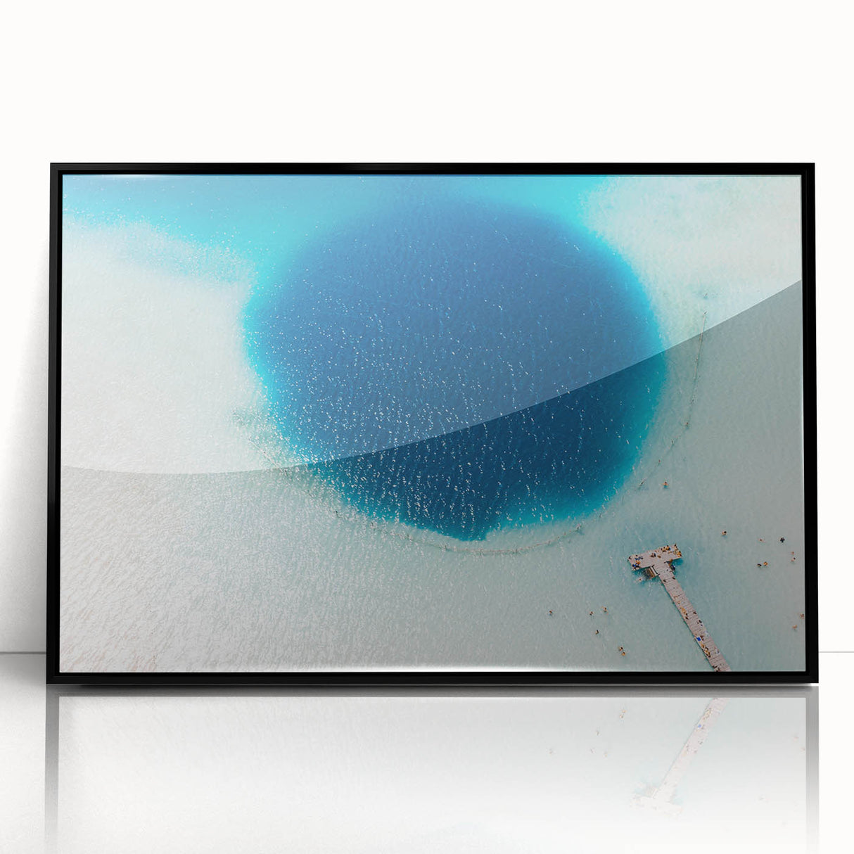 Large abstract wall art depicting a vibrant Mexican landscape in a mid-century modernist style, framed in black acrylic.