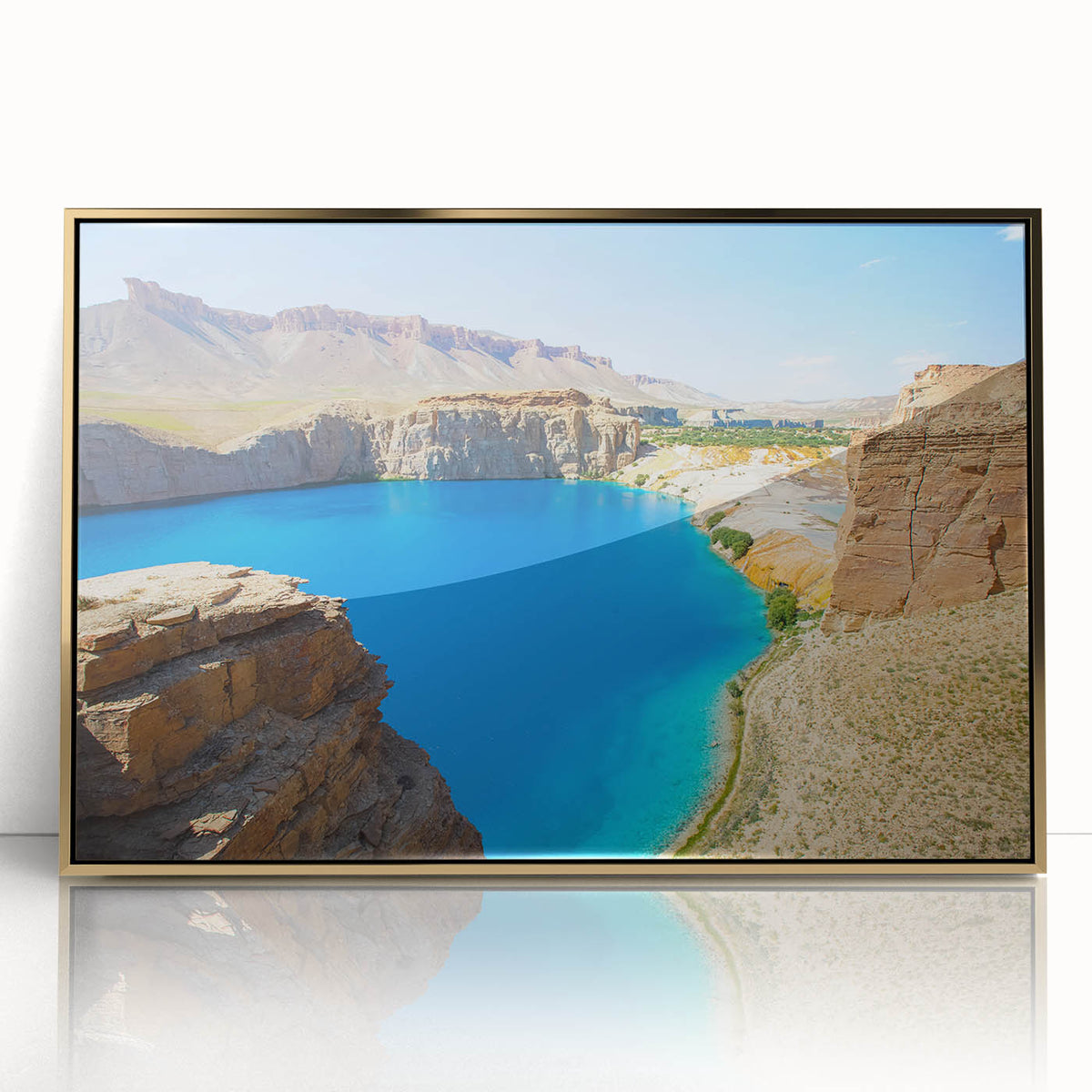 Framed acrylic print of a Middle Eastern landscape in gold and earth tones, suitable for modern art wall decor.