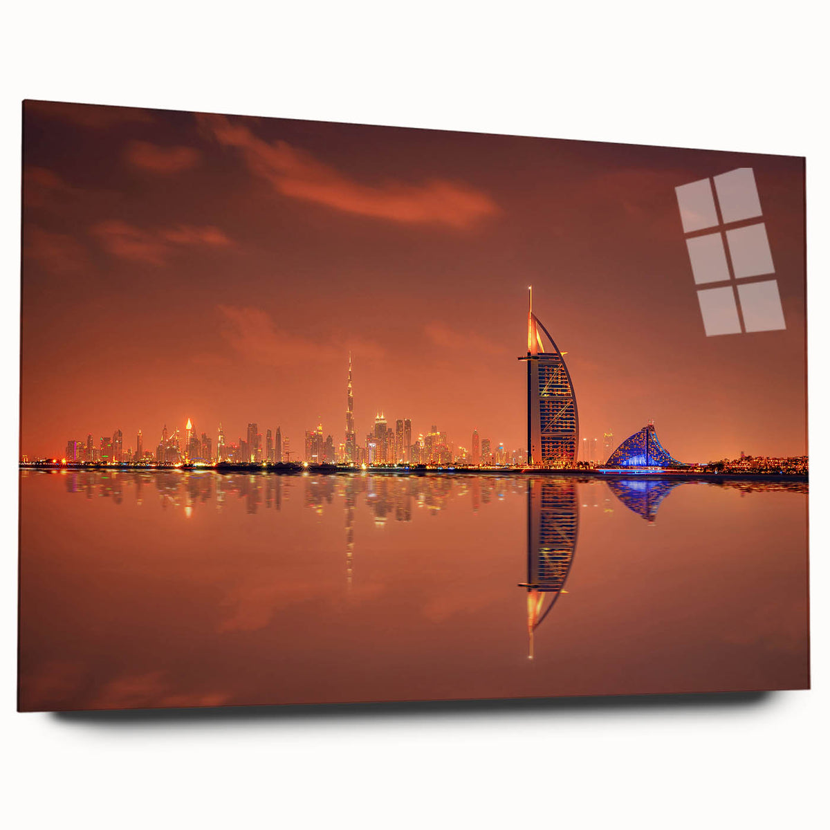 Acrylic print of Dubai skyline in muted earth tones, suitable as large bedroom or dining room art.