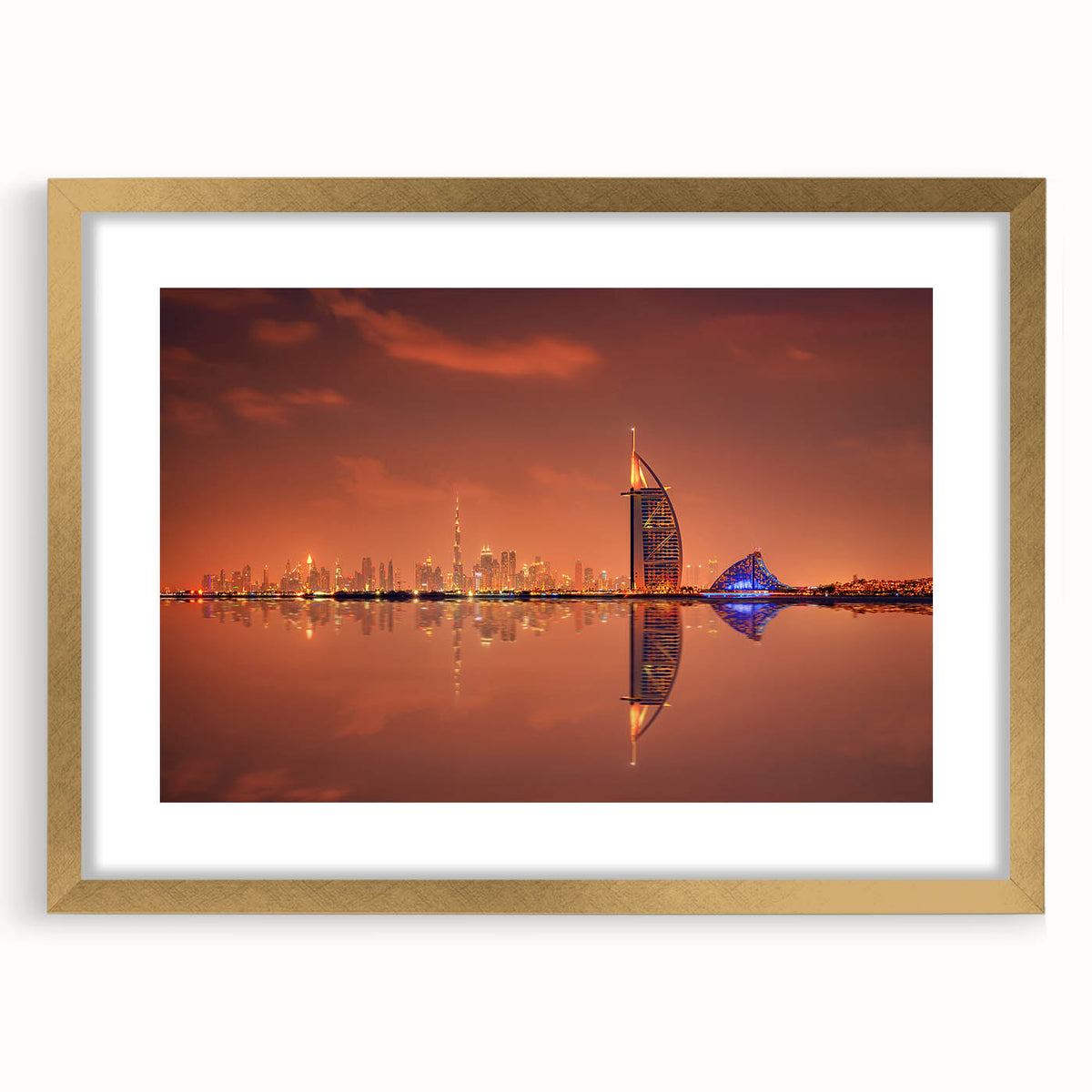 Extra large framed wall art of abstract Dubai skyline in textured gold and bronze tones, ideal for living room decor.