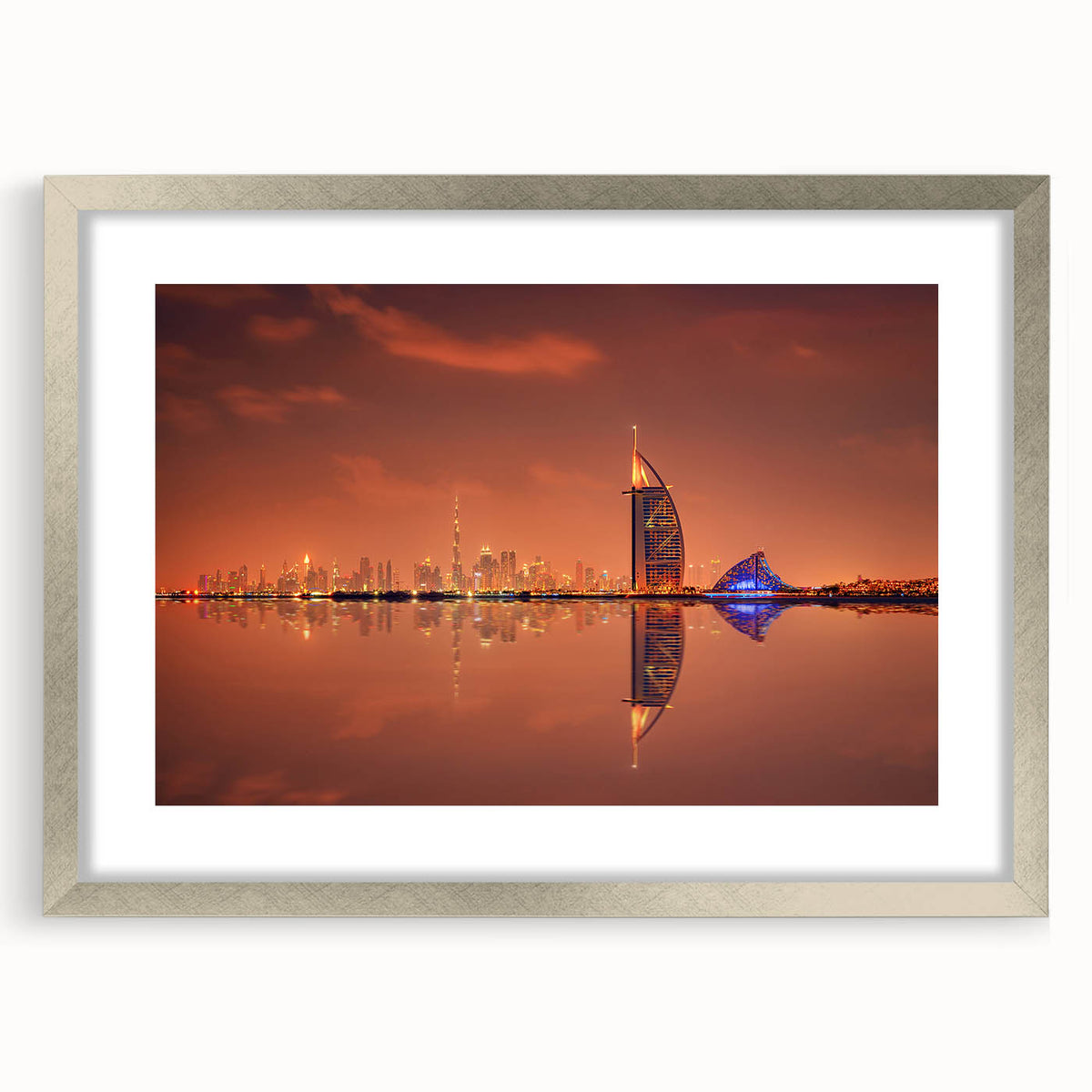 Textured abstract art print of Dubai skyline in muted silver and gray tones on a framed canvas, suitable for bedroom decor.