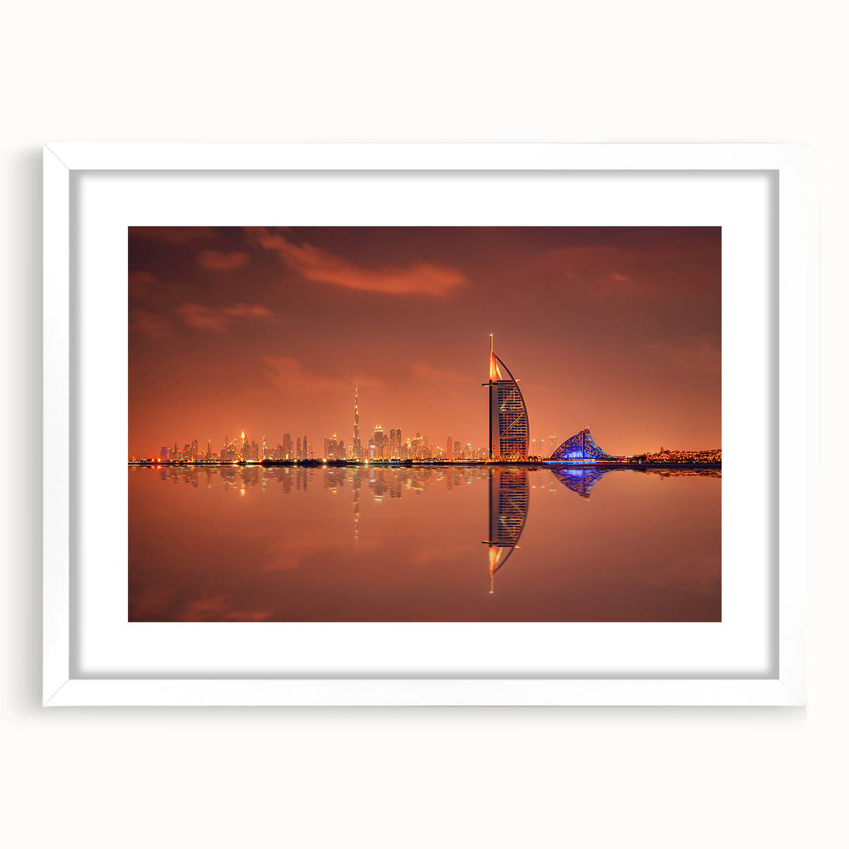 Abstract art print of Dubai skyline in muted gray and blue tones on a framed white mat, ideal for dining room decor.