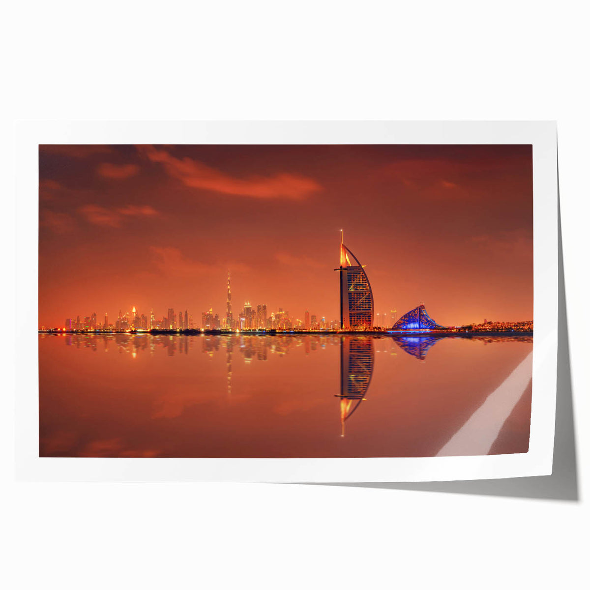 Extra large rolled print of Dubai skyline in muted gray tones, ideal for art wall dining room.