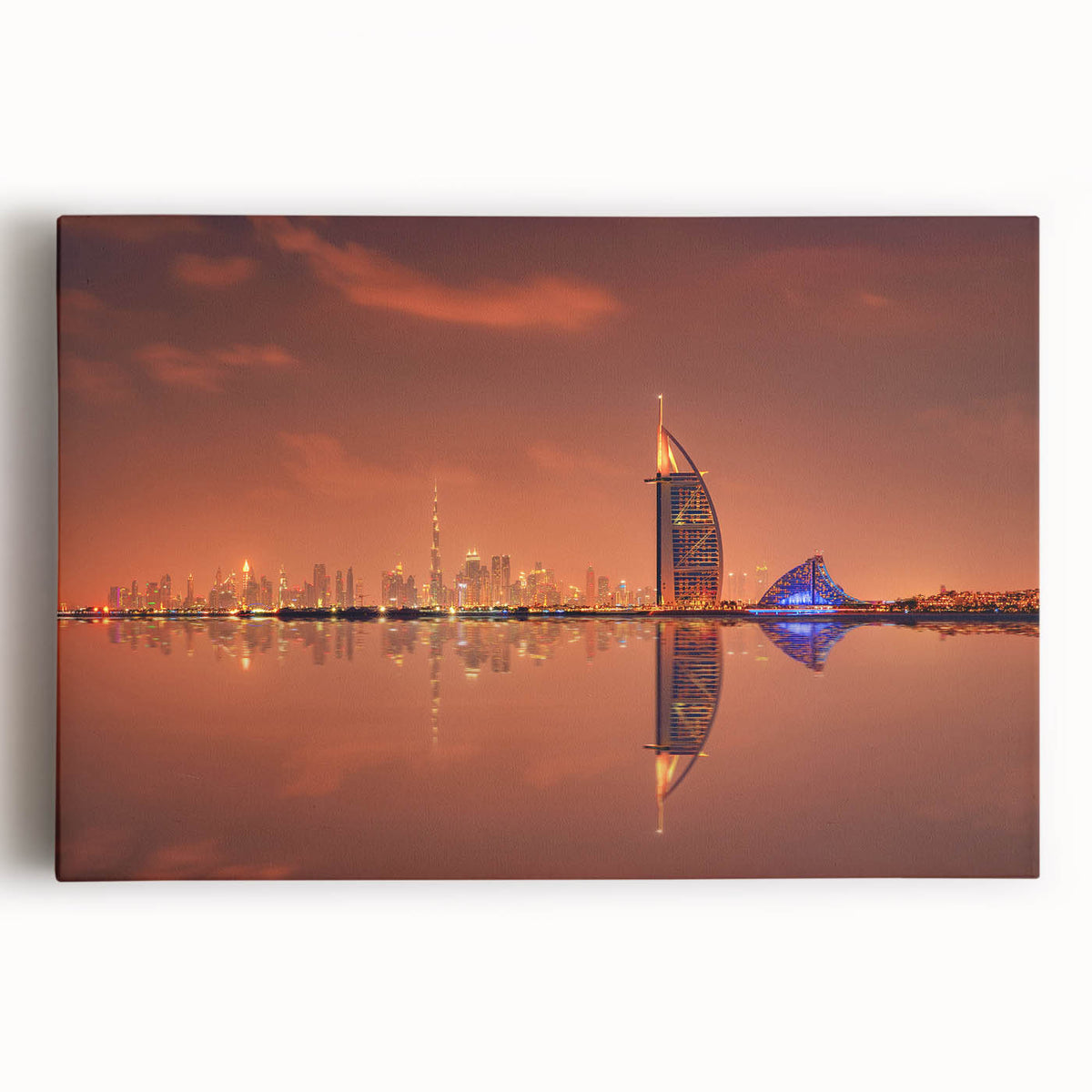 Black and white stretched canvas of Dubai skyline, ideal for kitchen wall art.