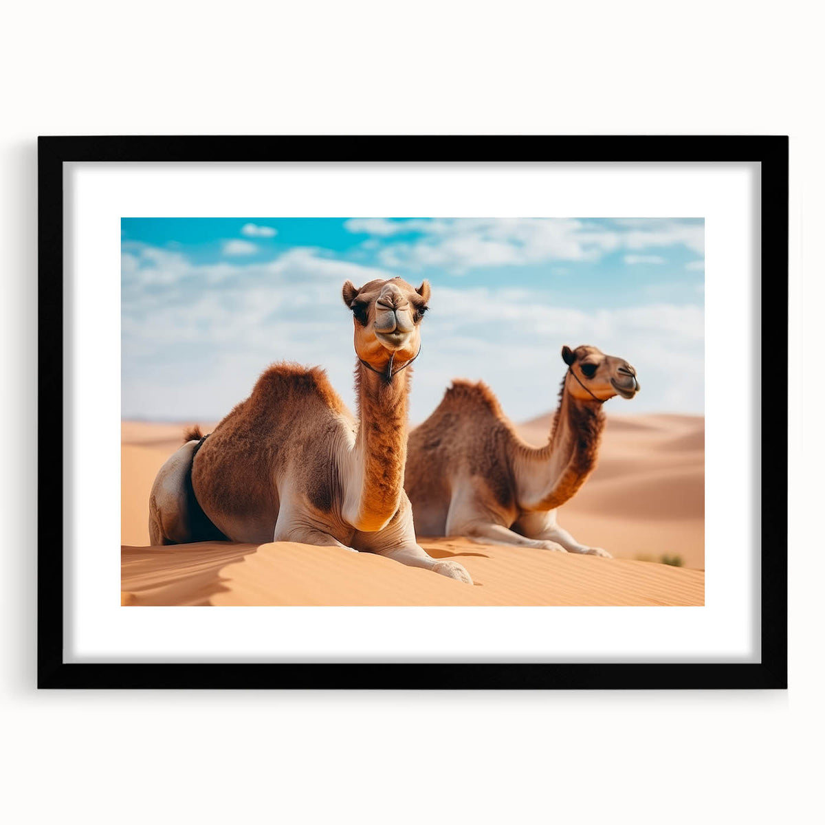 Colorful abstract art print of a Middle Eastern scenery in vibrant hues on a large framed canvas.