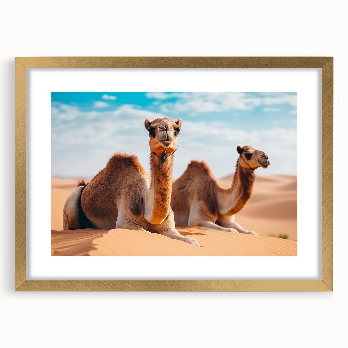 Extra large wall art featuring abstract art print of Middle Eastern scenery in textured gold frame.