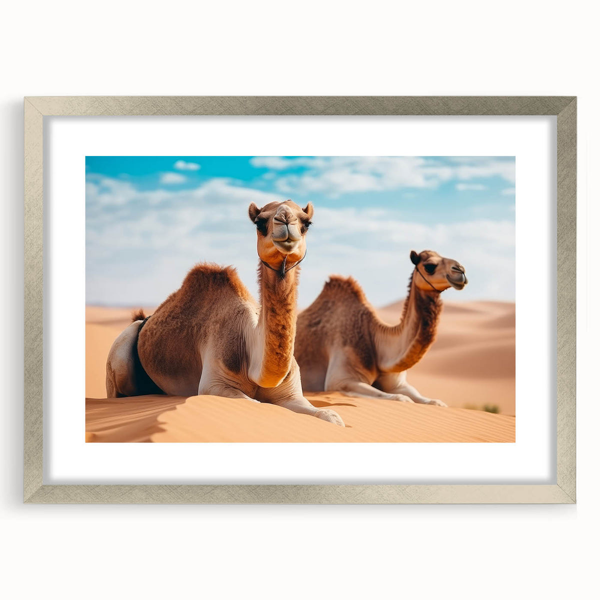 Textured abstract art print depicting a Middle Eastern scenery in muted earth tones on a framed silver mat.