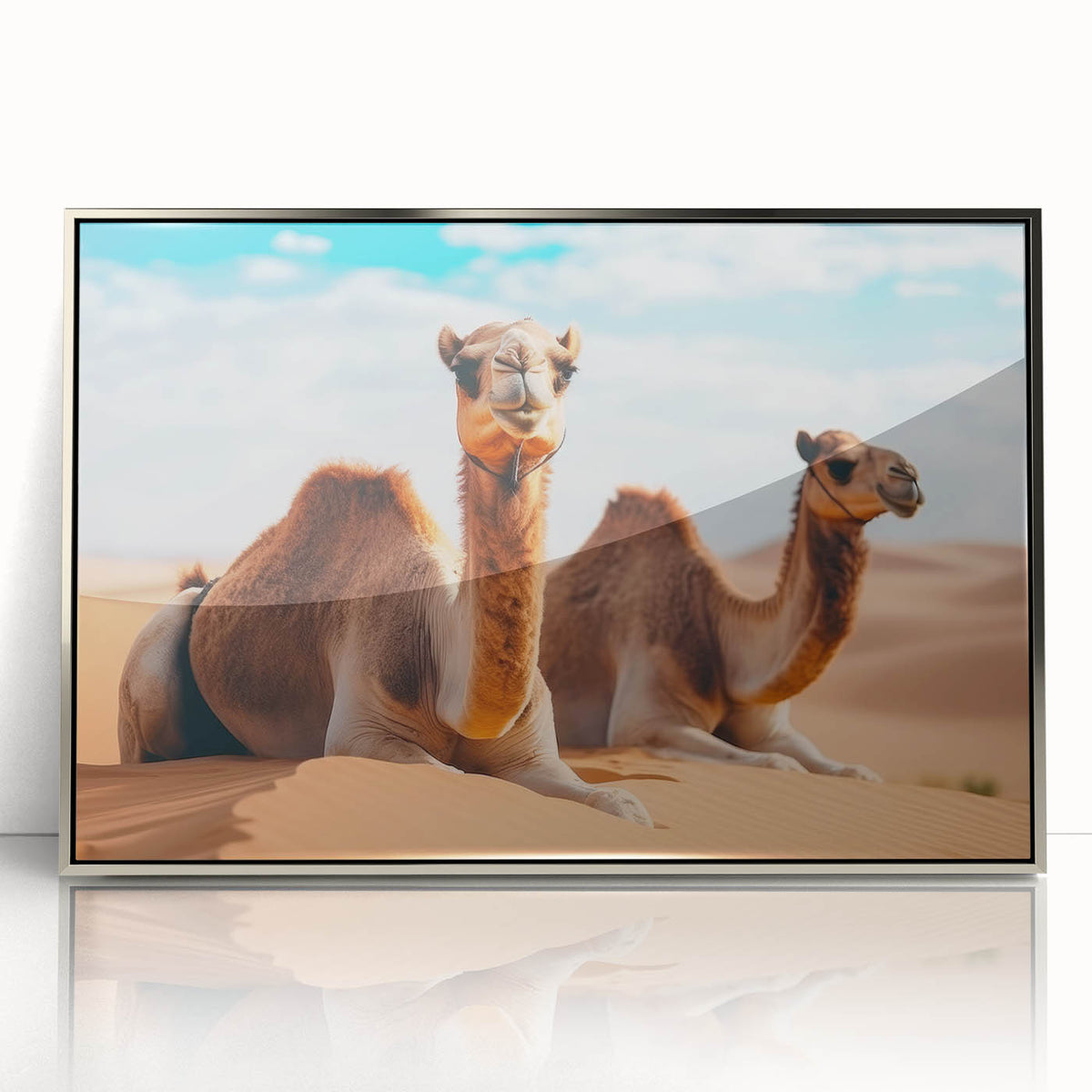 Mid-century modernist art depicting a scenic Middle Eastern landscape in muted earth tones on a framed acrylic print.