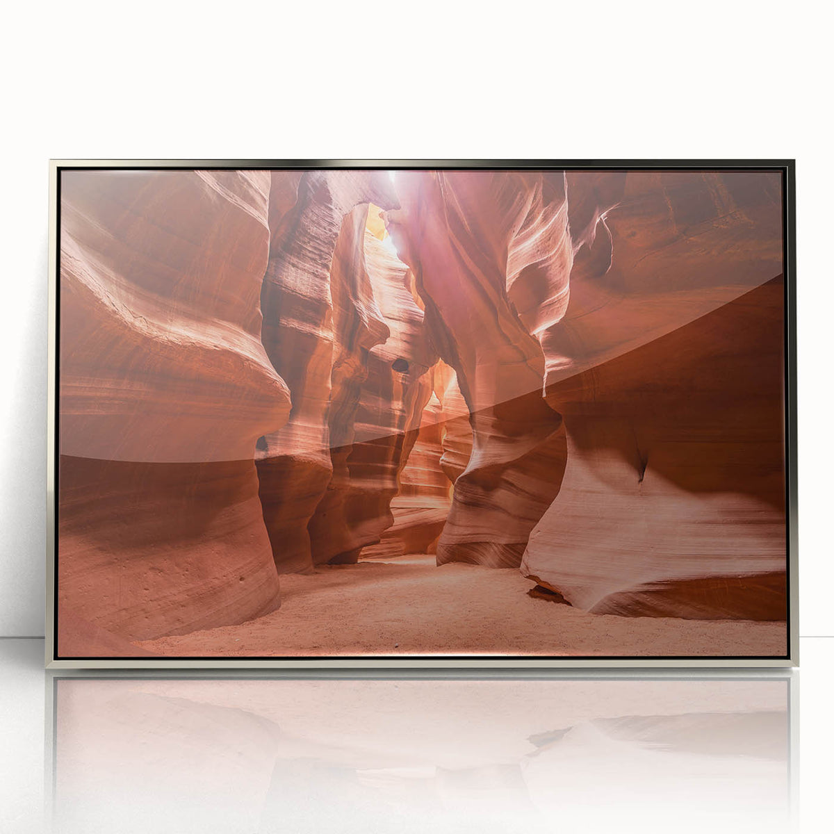 Mid-century modernist art depicting a serene Jordanian landscape in muted earth tones, framed in silver acrylic.