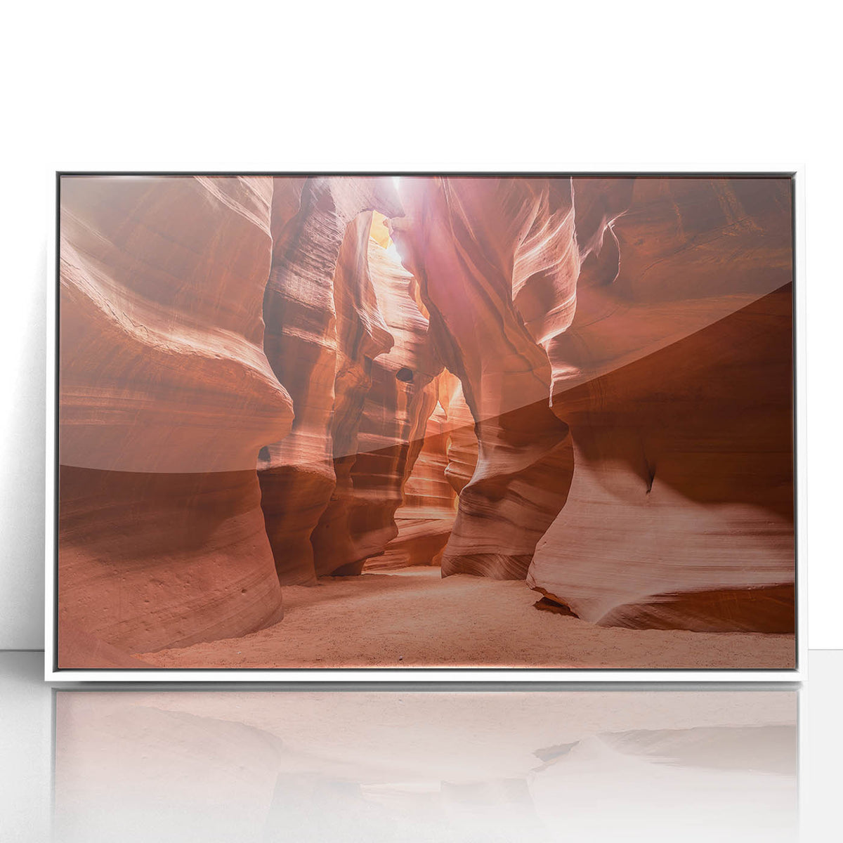 Acrylic print of a Jordanian landscape in muted earth tones, framed in white, suitable for modern art wall decor.