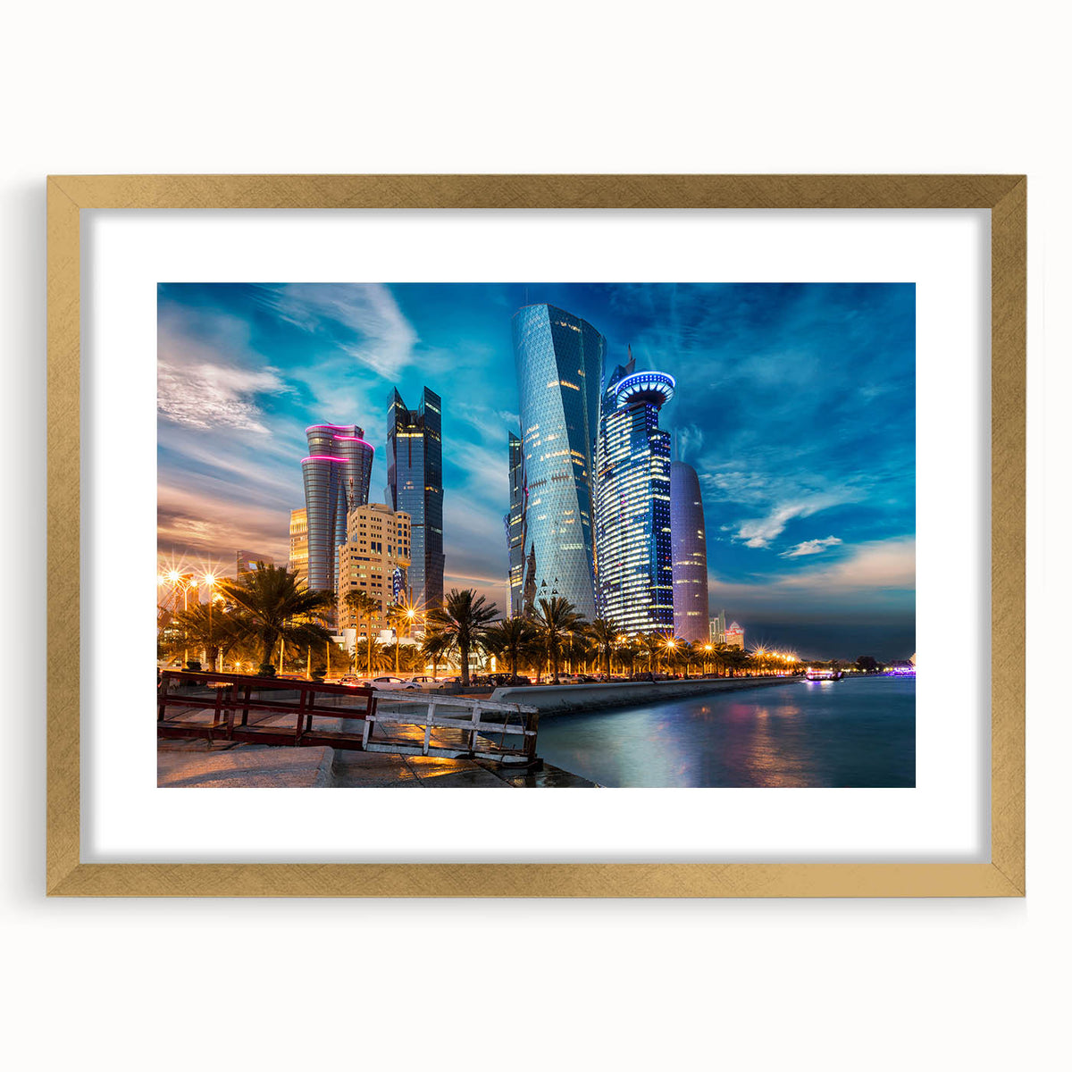 Extra large abstract art print depicting Middle Eastern scenery, in gold frame, ideal for living room decor.