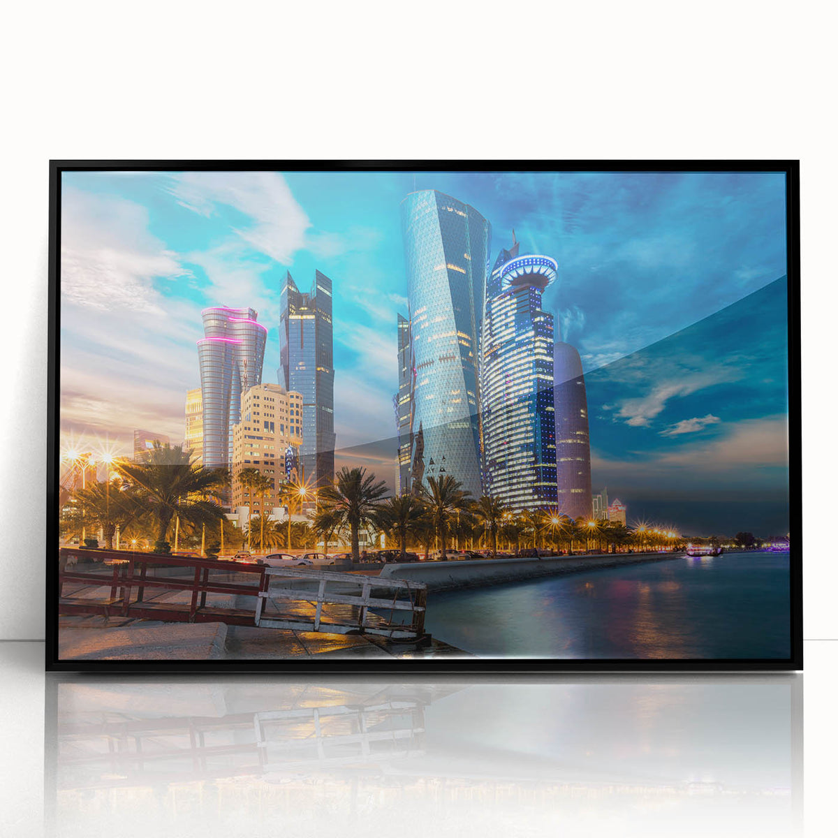 Large abstract wall art of a Qatar scenery in muted earth tones on a framed acrylic, ideal for modern living room decor.