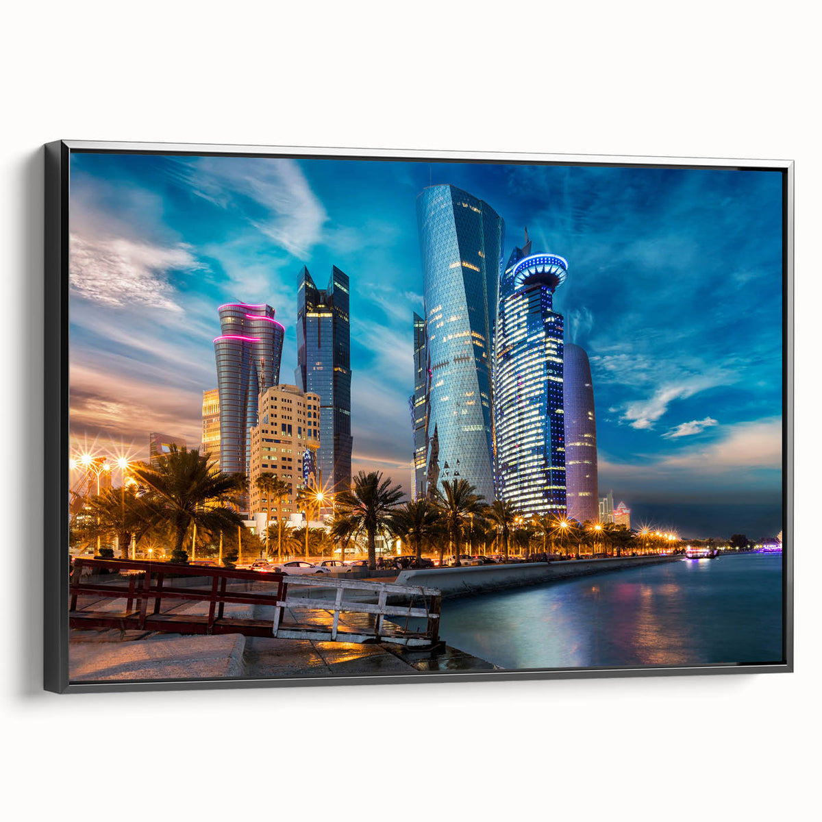 Black and white framed canvas depicting a vintage-style landscape of Qatar, ideal for bedroom wall art.
