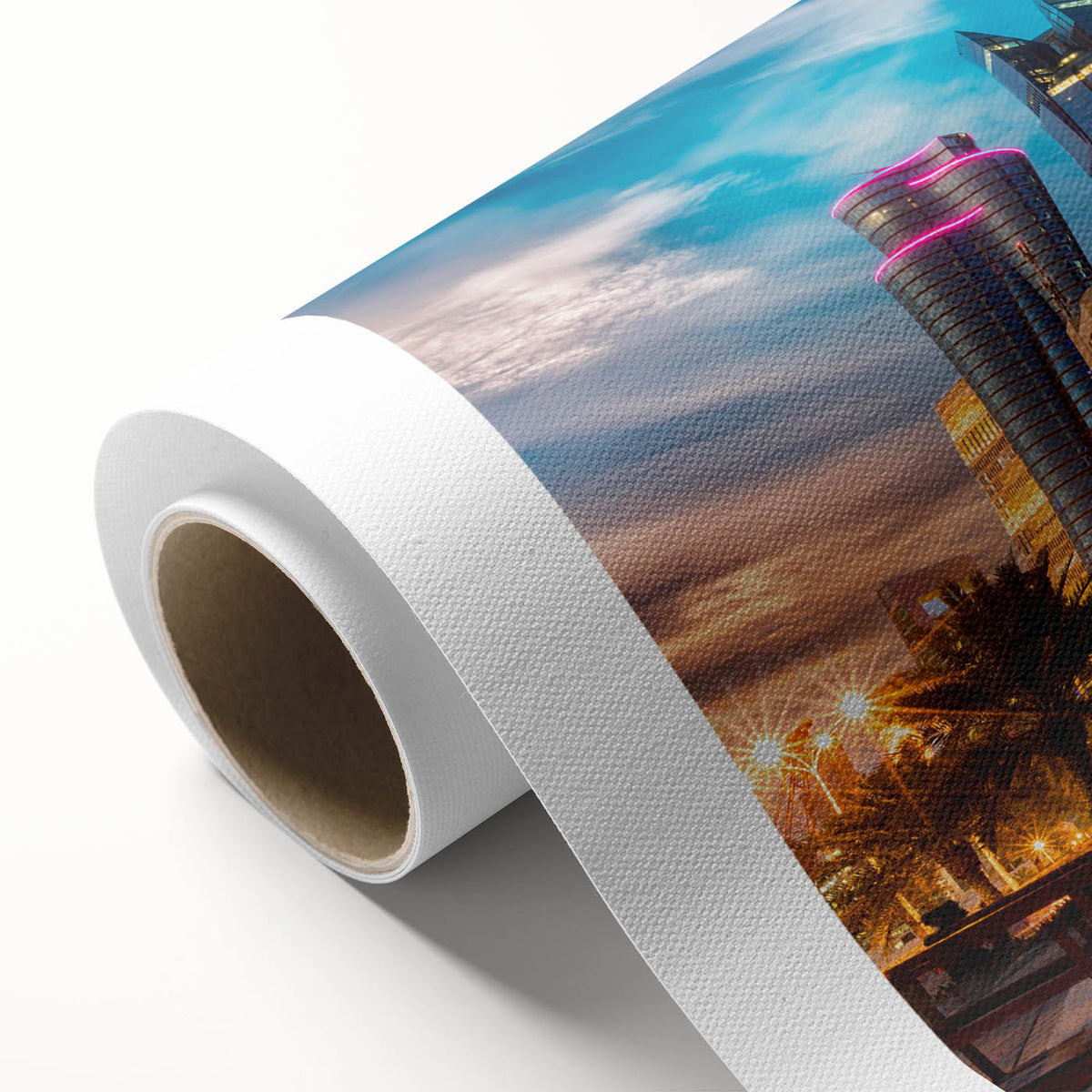 Art deco poster of Qatar scenery on rolled canvas, featuring warm earth tones.