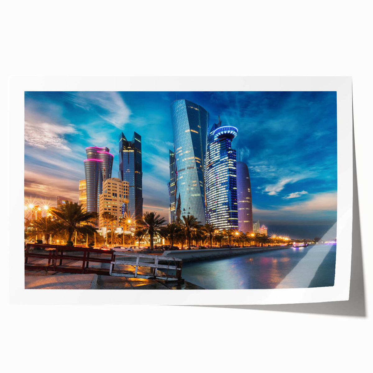 Extra large rolled print depicting a Middle Eastern Qatar scenery in muted earth tones, ideal for dining room wall art.