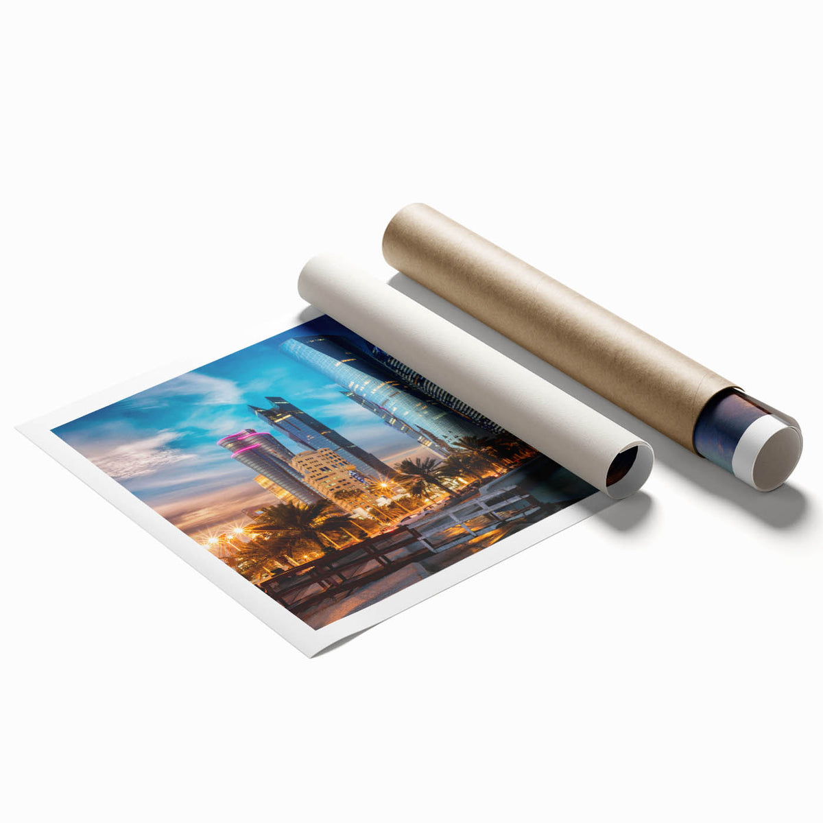 Extra large rolled print featuring a Qatar scenery with floral elements in soft pastel colors.