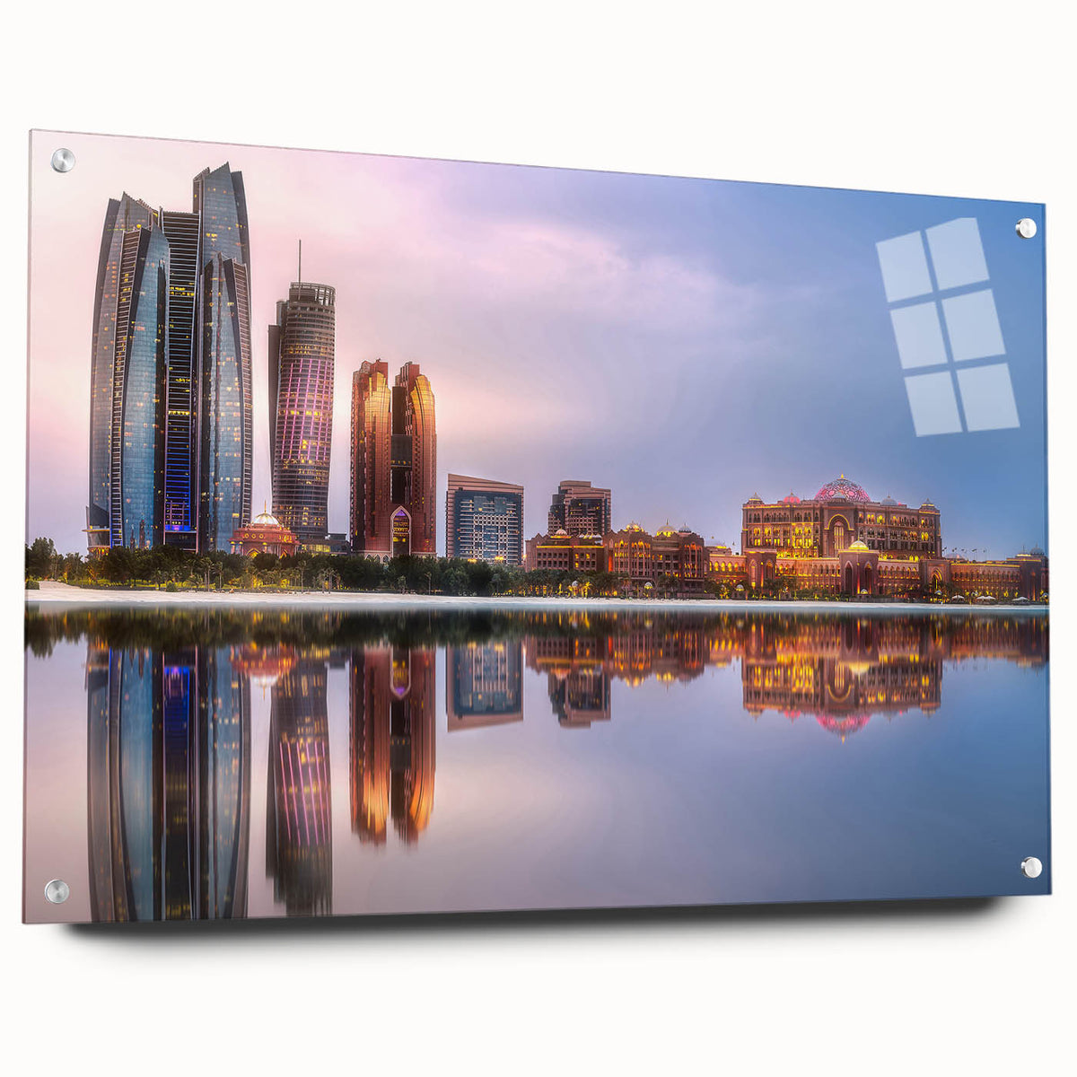Large abstract wall art of Abu Dhabi skyline in muted blue and gray tones on acrylic glass.