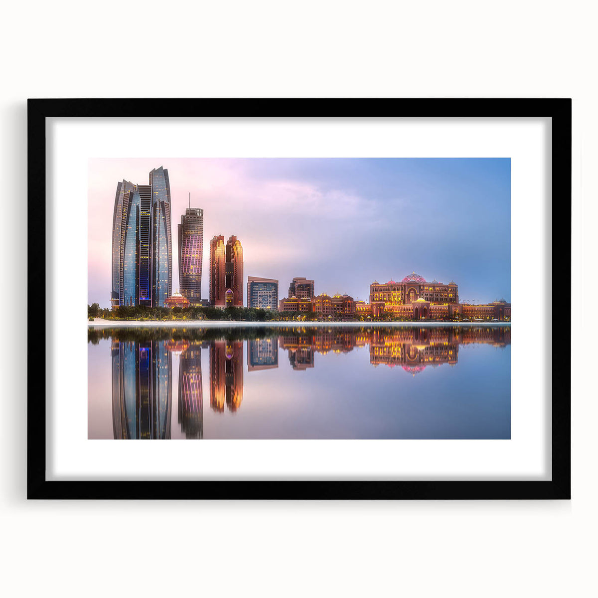 Abstract art print of colorful, textured scenery depicting Abu Dhabi, presented in a large black framed format.