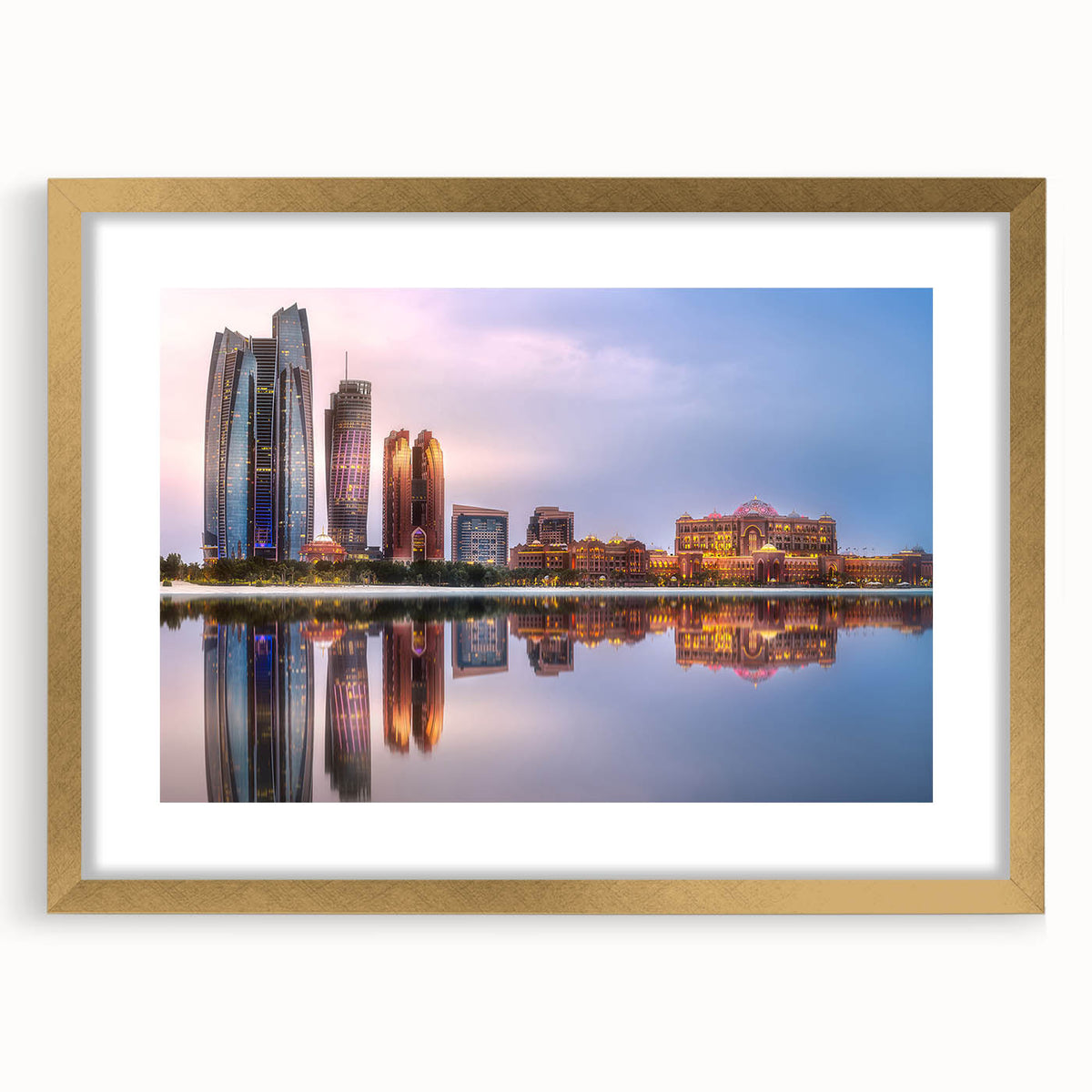 Extra large abstract art print of Abu Dhabi scenery in muted gold tones, framed with mat, ideal for living room decor.