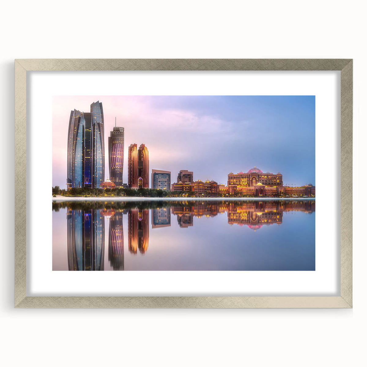 Textured abstract art print of Abu Dhabi scenery in muted earth tones, framed in silver, ideal for bedroom art.