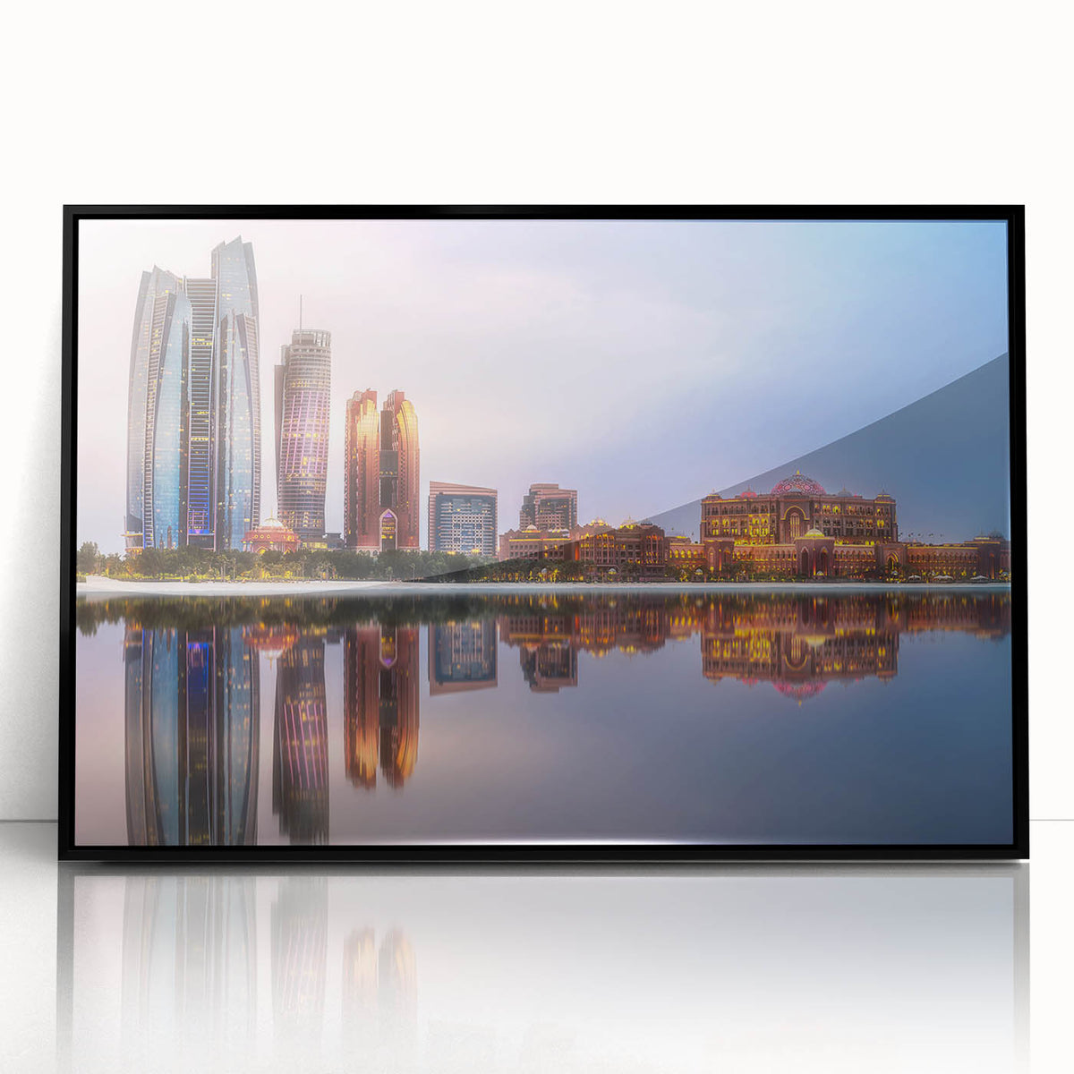 Large abstract wall art depicting the Abu Dhabi skyline in muted gray tones on a framed acrylic print.