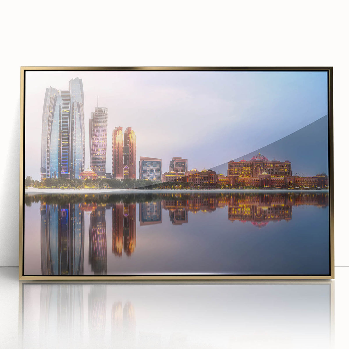 Large acrylic print of Abu Dhabi skyline with gold frame, in mid-century modernist style, ideal for modern art wall decor.