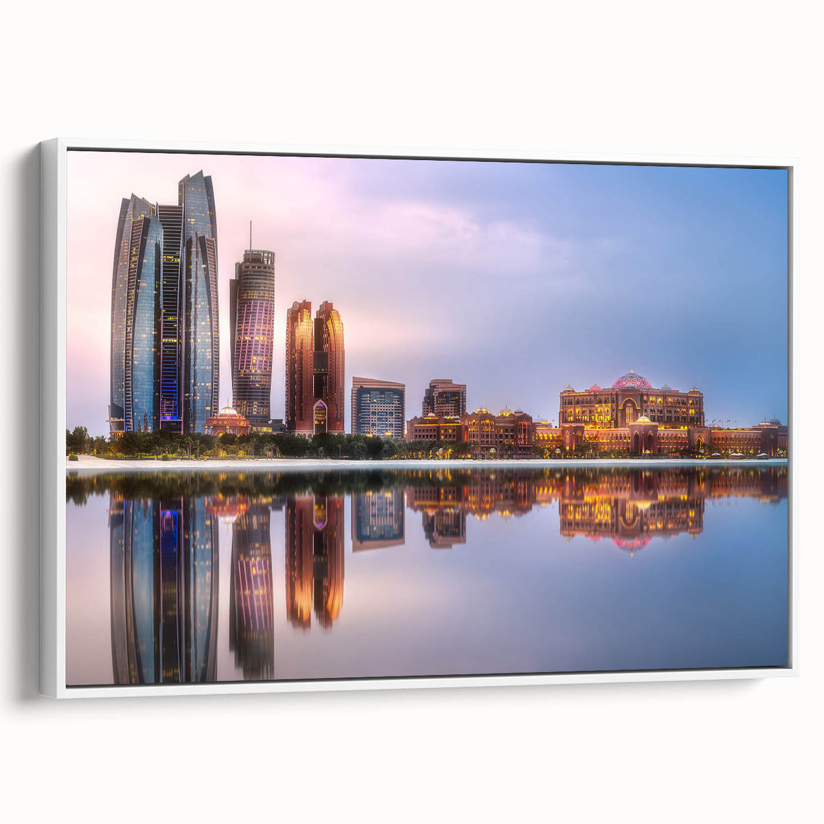 Vintage poster art of Abu Dhabi skyline in colorful hues on extra large framed canvas, suitable for living room decor.
