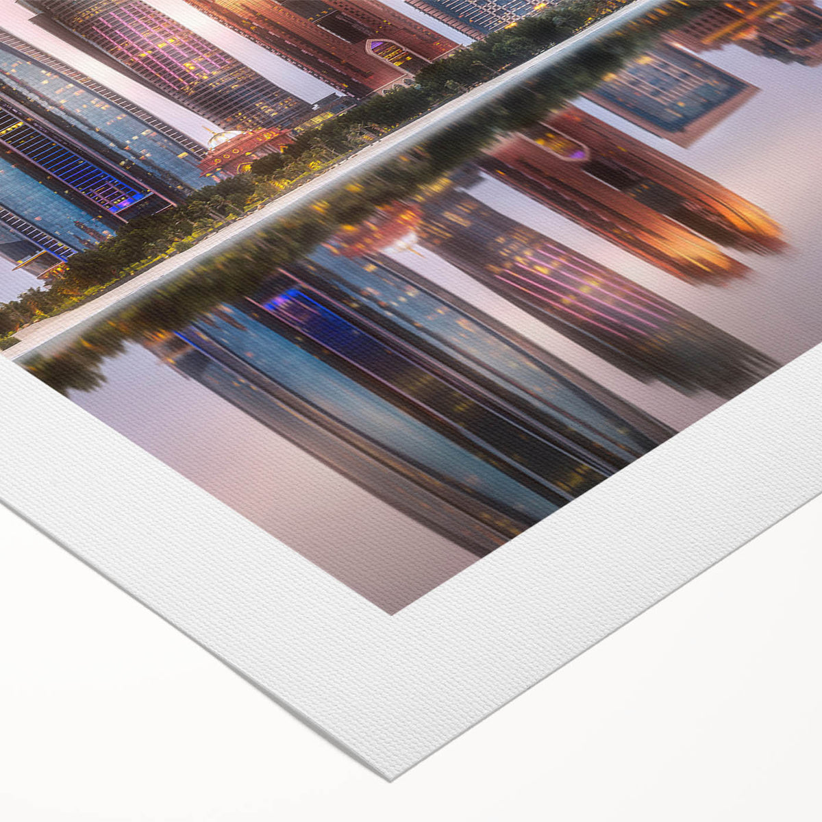 Art deco poster of Abu Dhabi skyline in muted gold and blue tones on a rolled canvas, suitable for dining room wall art.