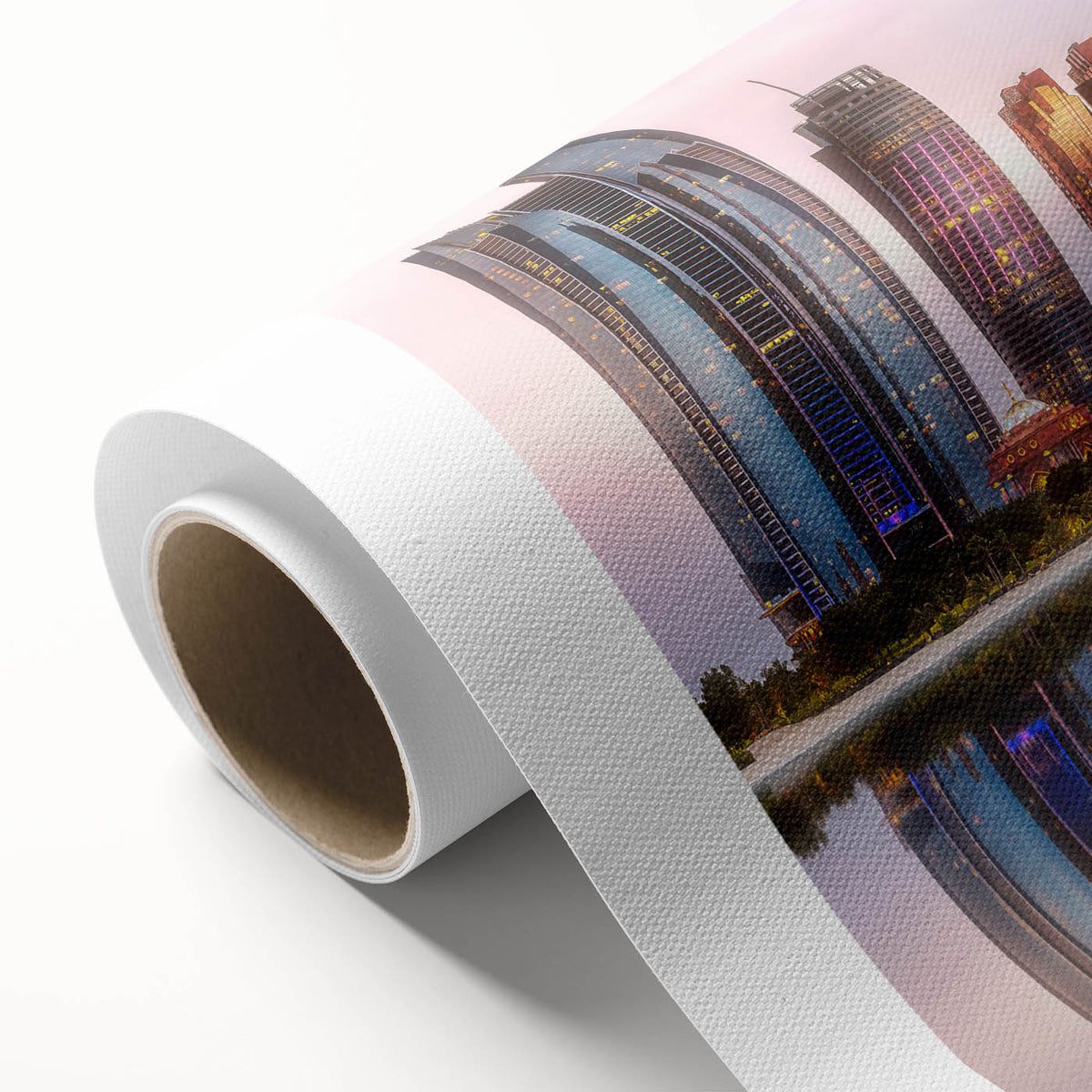 Art Deco style poster of Abu Dhabi skyline in pastel shades on rolled canvas, ideal for nursery wall art.