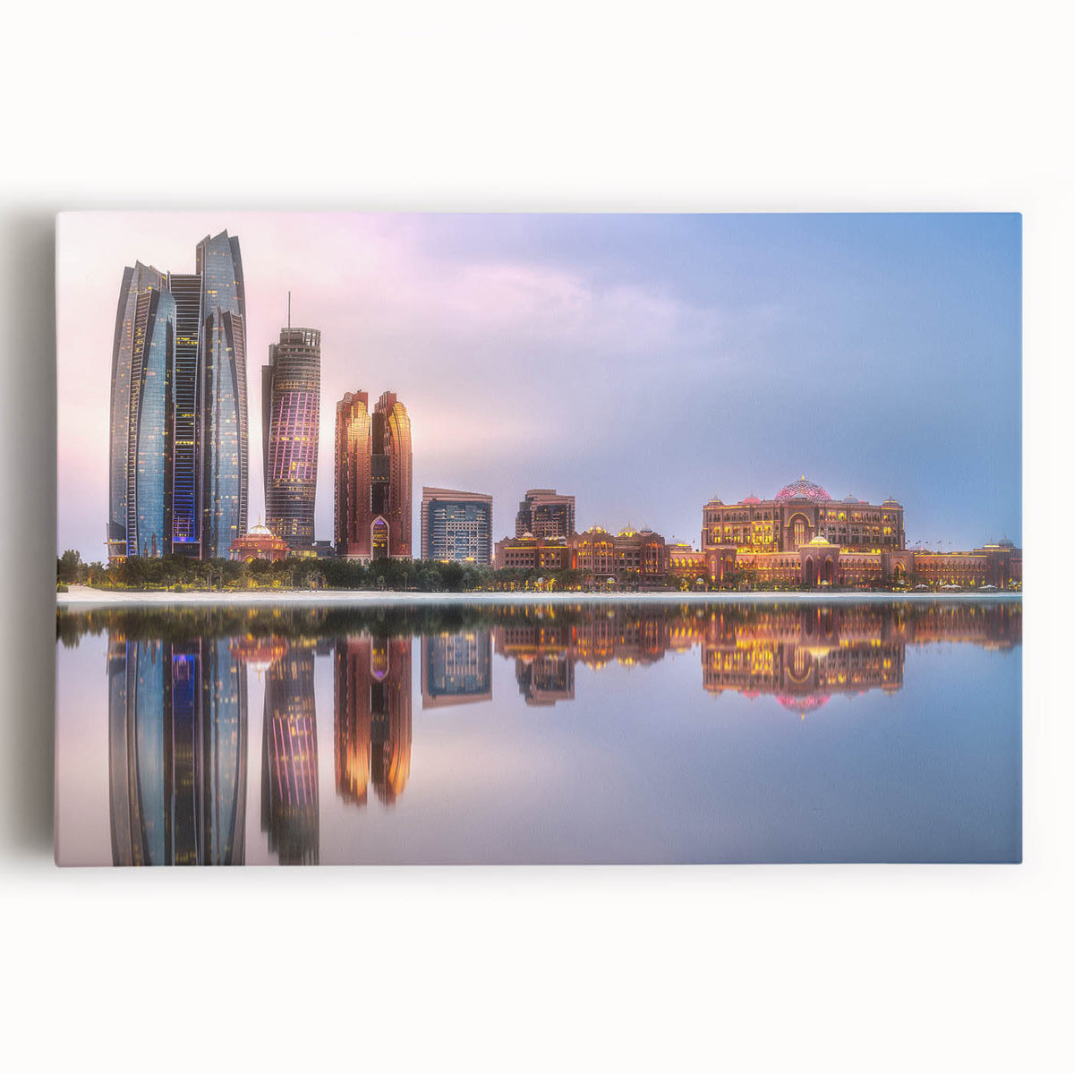 Black and white panoramic view of Abu Dhabi skyline on stretched canvas, ideal for kitchen wall art.