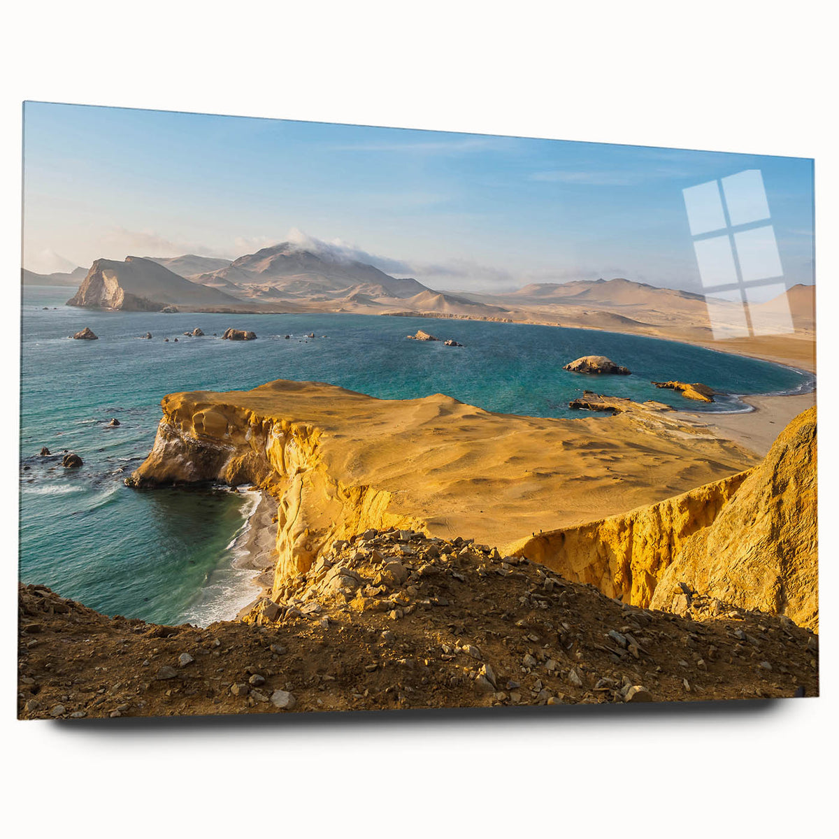 Acrylic print of a large abstract depiction of a South American landscape, in earthy tones.