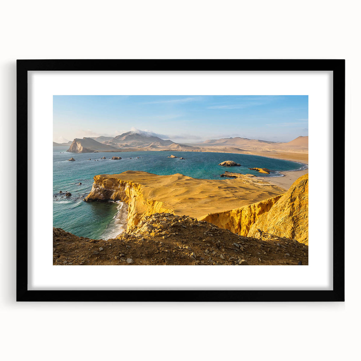 Extra large, textured abstract art print depicting a colorful South American scenery, framed in black.