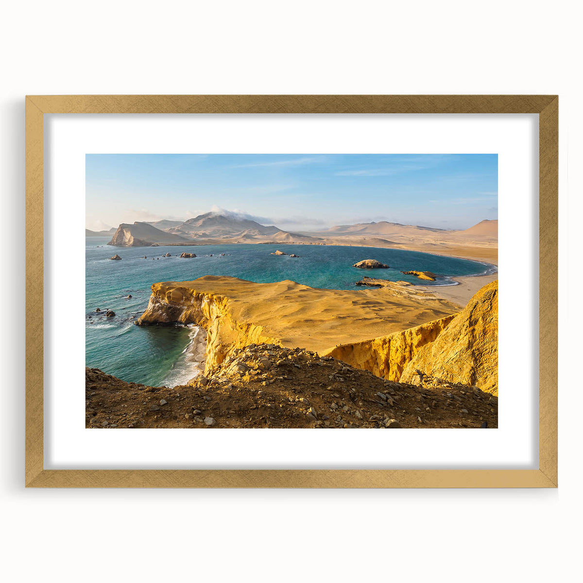 Extra large abstract art print of a textured South American scenery in a gold frame, ideal for living room decor.