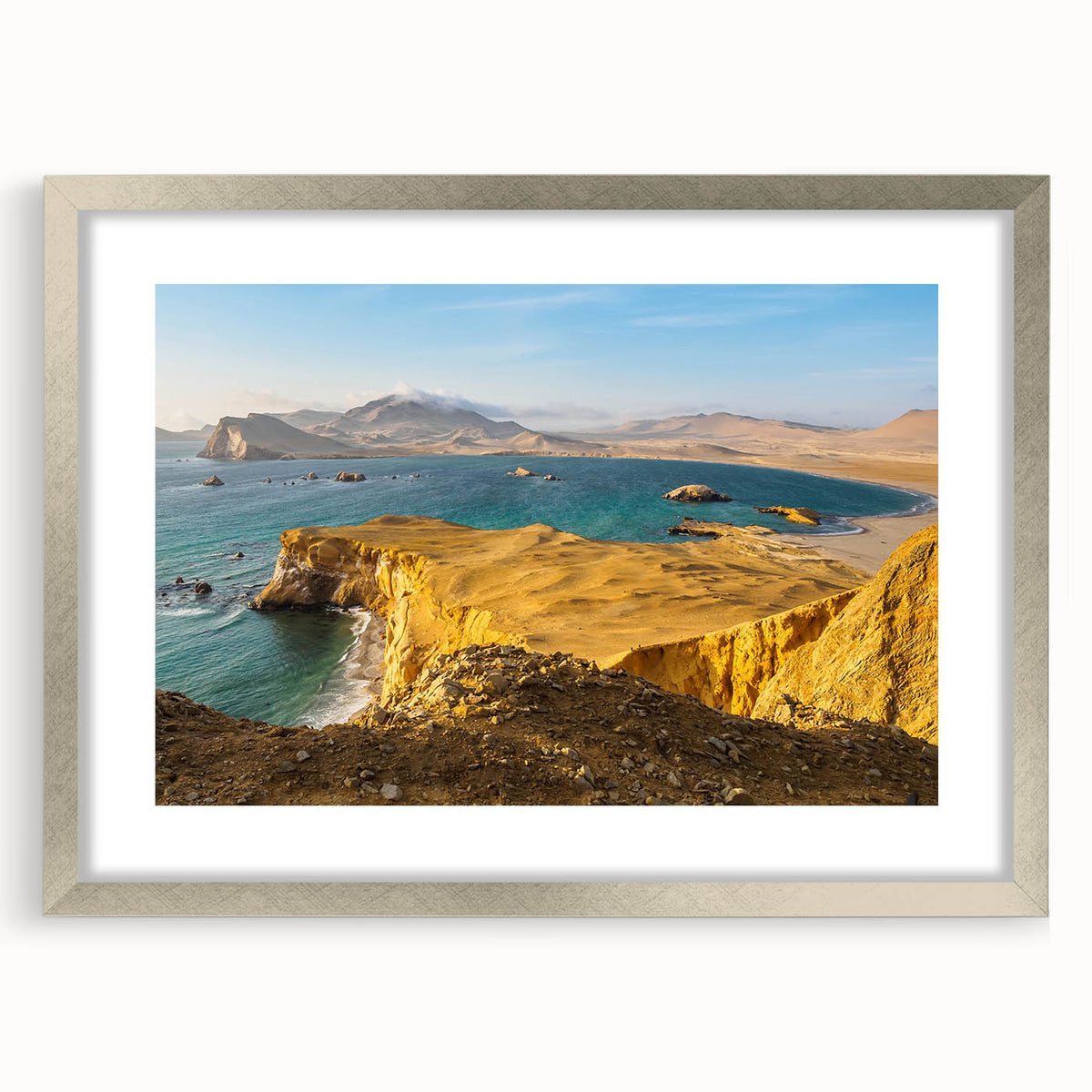 Textured abstract art print of a South American scenery in muted earth tones, framed in silver, ideal for bedroom art.