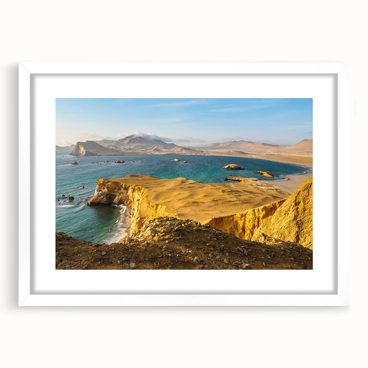Abstract art print of a Peruvian landscape in muted earth tones on a framed white mat, suitable for dining room decor.