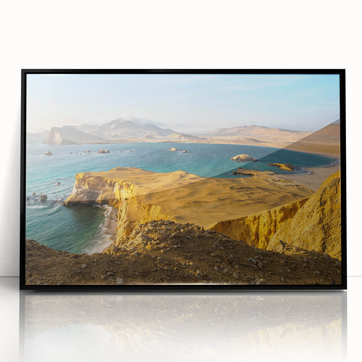 Large abstract wall art depicting a stylized South American landscape in vibrant colors on a black framed acrylic.