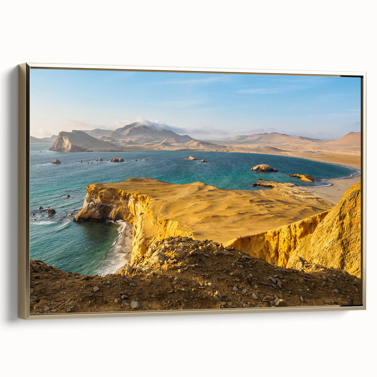 Framed canvas print of a vintage-style Peruvian landscape in muted gold and black, ideal for bedroom wall art.