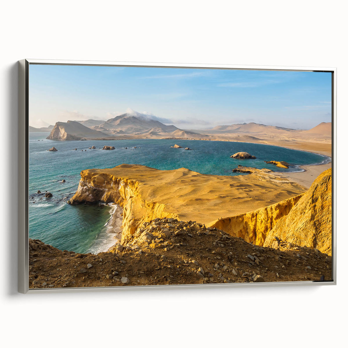 Framed canvas featuring a colorful vintage-style landscape art painting of a Peruvian scenery.