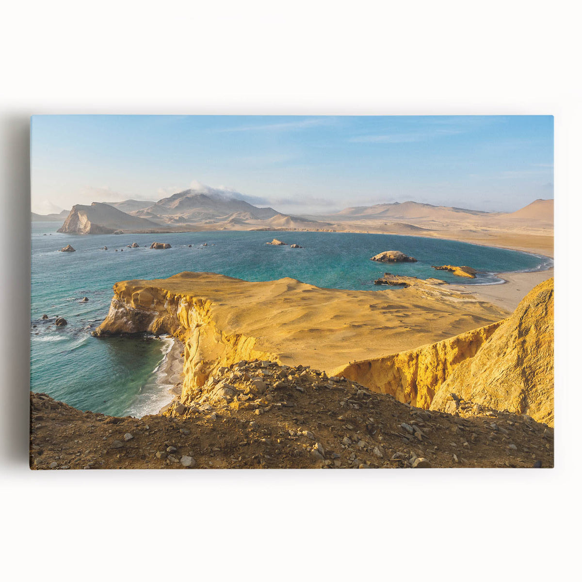 Black and white stretched canvas of a scenic Peruvian landscape, ideal for kitchen wall art.