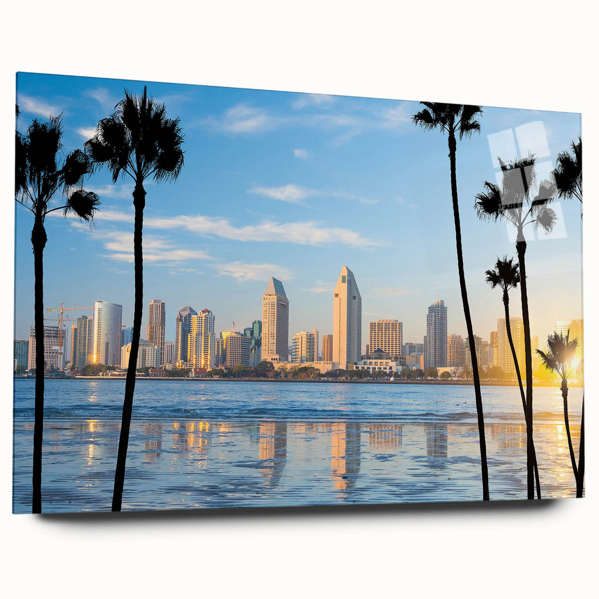 Large abstract wall art of the Coronado, California scenery on acrylic glass, featuring muted blue and gray tones.
